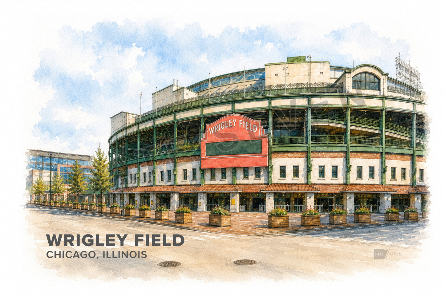 Wrigley Field Wall Art - Chicago Baseball Watercolor Digital Download