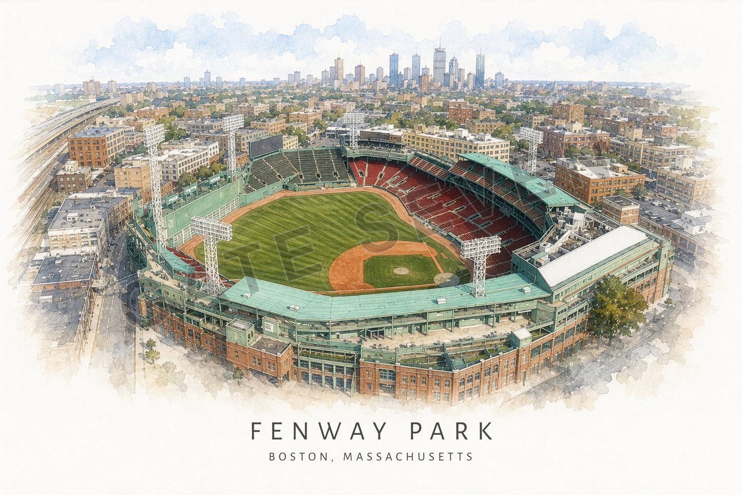 Fenway Park Wall Art - Boston Baseball Watercolor Digital Download
