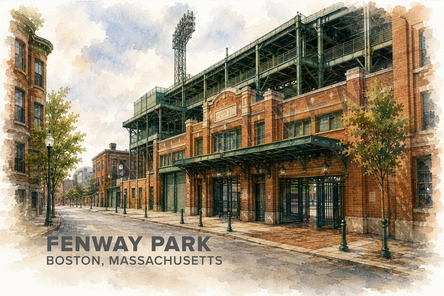 Fenway Park Wall Art - Boston Baseball Watercolor Digital Download